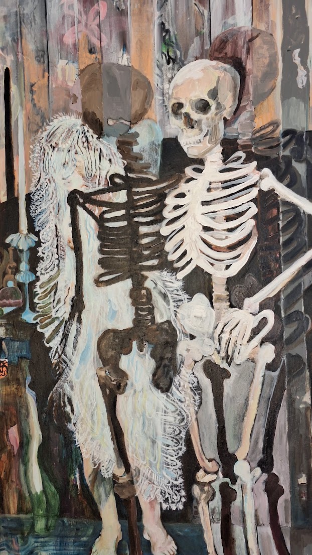 Figuur met skelet omhelzing